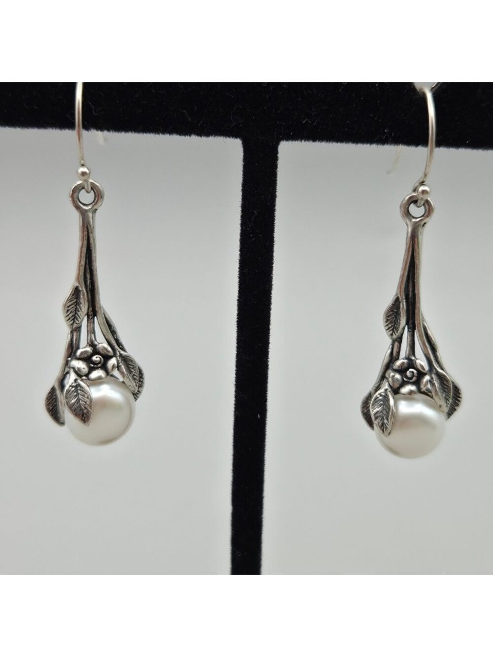 Noa Zuman Israel Sterling Silver Pearl Dangle Earrings Leaf Flower Drop 7 Grams